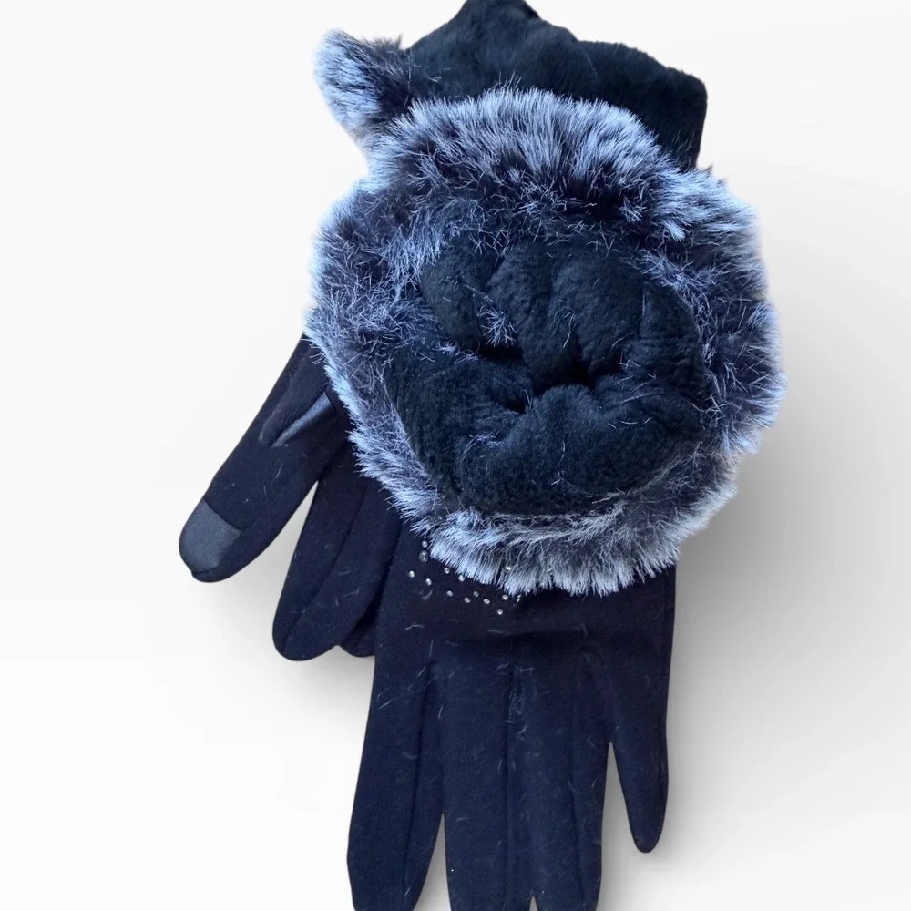 Black Faux Fur Trimmed Rhinestone Gloves Winter Warm Fashion Accessories